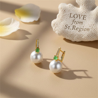 Jade and Pearl Cubic Zirconia 18K Gold-Plated Huggie Earrings, gold huggie earrings, everyday style, lifestyle look