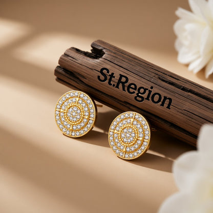 Cubic Zirconia and 18K Gold-Plated Layered Round Stud Earrings, gold stud earrings for women, front view