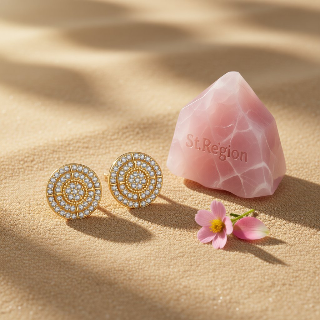 Cubic Zirconia and 18K Gold-Plated Layered Round Stud Earrings, gold stud earrings for women, detail close-up