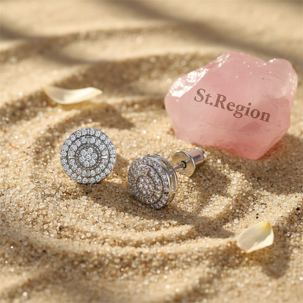Cubic Zirconia and Silver-Plated Round Stud Earring, silver stud earrings for women, botanical inspired, detail close-up