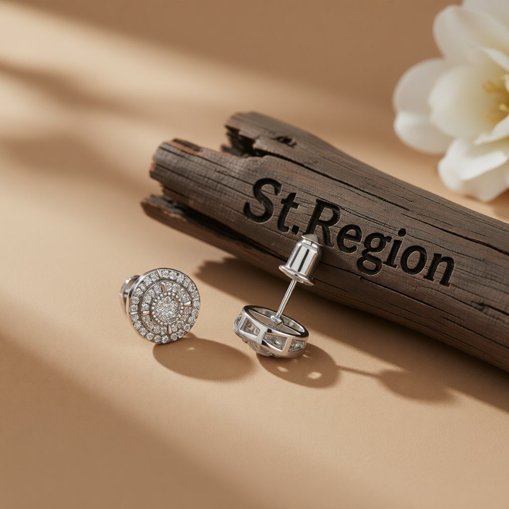 Cubic Zirconia and Silver-Plated Round Stud Earring, silver stud earrings for women, botanical inspired, front view