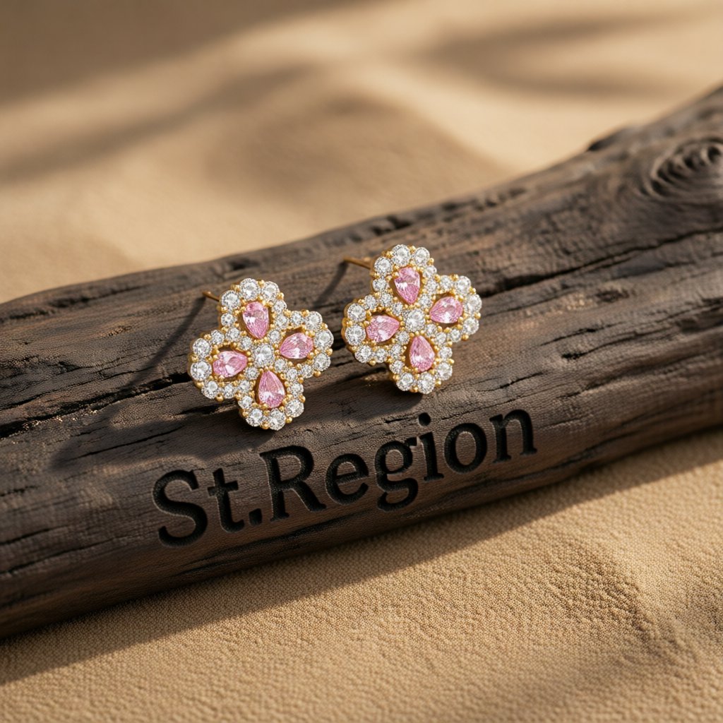 Pink Crystal and Cubic Zirconia 18K Gold-Plated Flower Stud Earrings, cubic zirconia stud earrings for women, front view