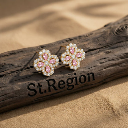 Pink Crystal and Cubic Zirconia 18K Gold-Plated Flower Stud Earrings, cubic zirconia stud earrings for women, front view