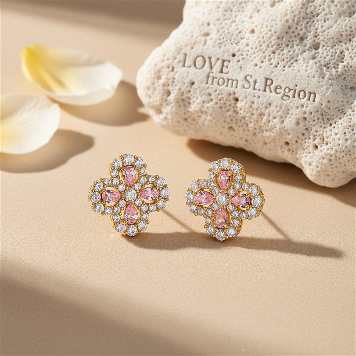 Pink Crystal and Cubic Zirconia 18K Gold-Plated Flower Stud Earrings, cubic zirconia stud earrings for women, lifestyle look