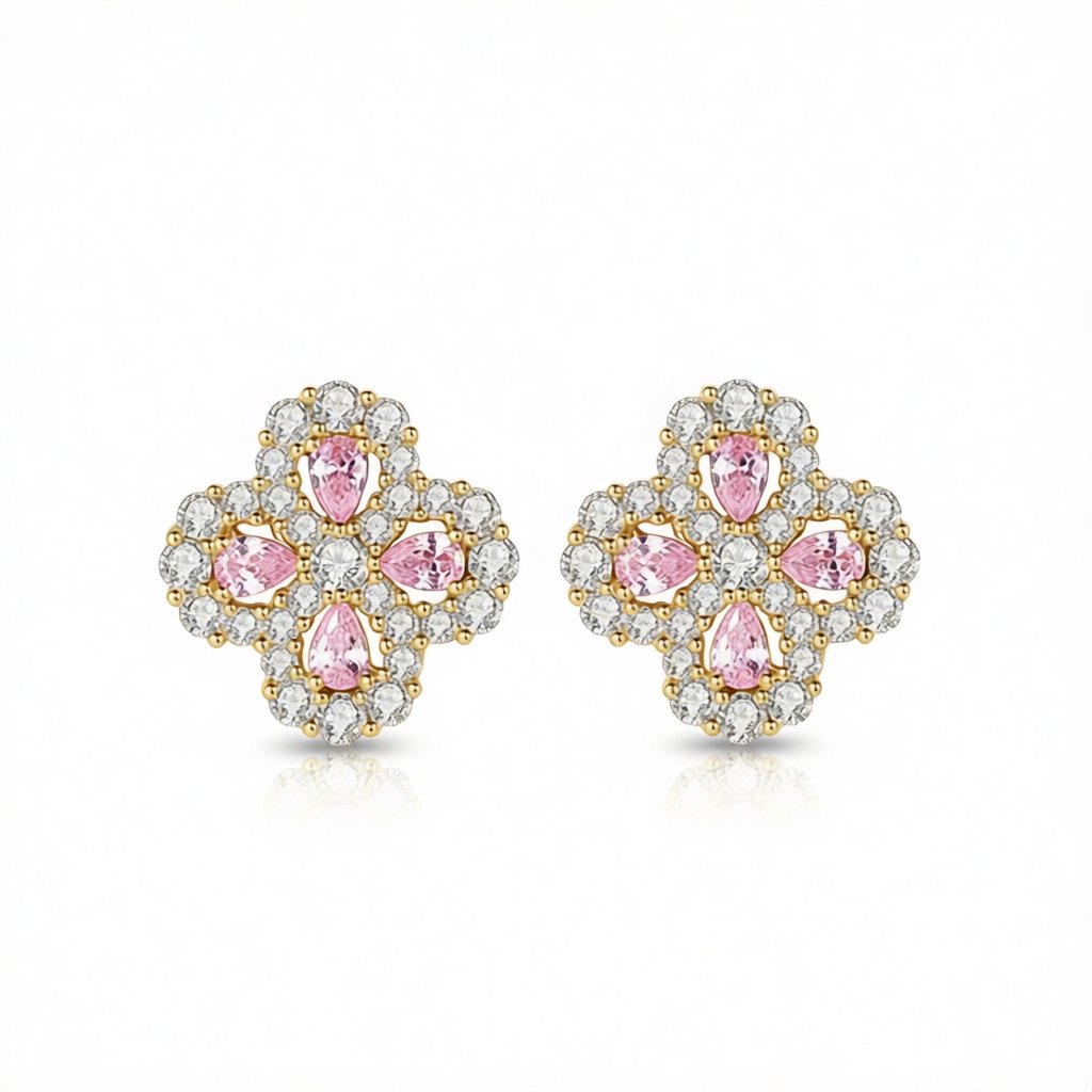 Pink Crystal and Cubic Zirconia 18K Gold-Plated Flower Stud Earrings, cubic zirconia stud earrings for women, side view