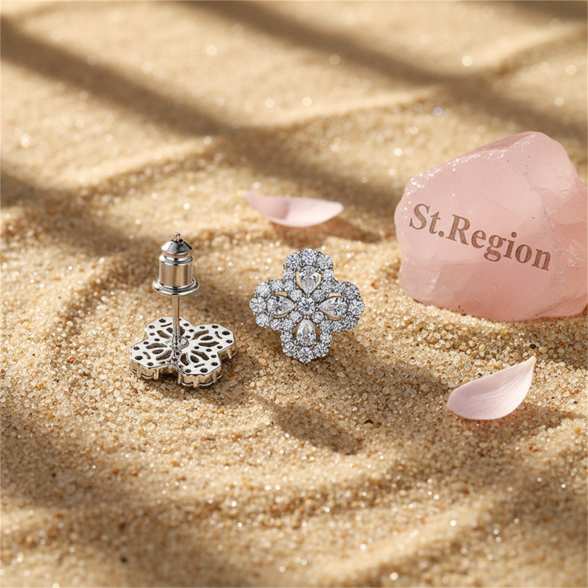 Crystal and Cubic Zirconia Silver-Plated Flower Stud Earrings, silver stud earrings for women, detail close-up
