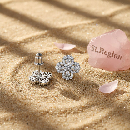 Crystal and Cubic Zirconia Silver-Plated Flower Stud Earrings, silver stud earrings for women, detail close-up