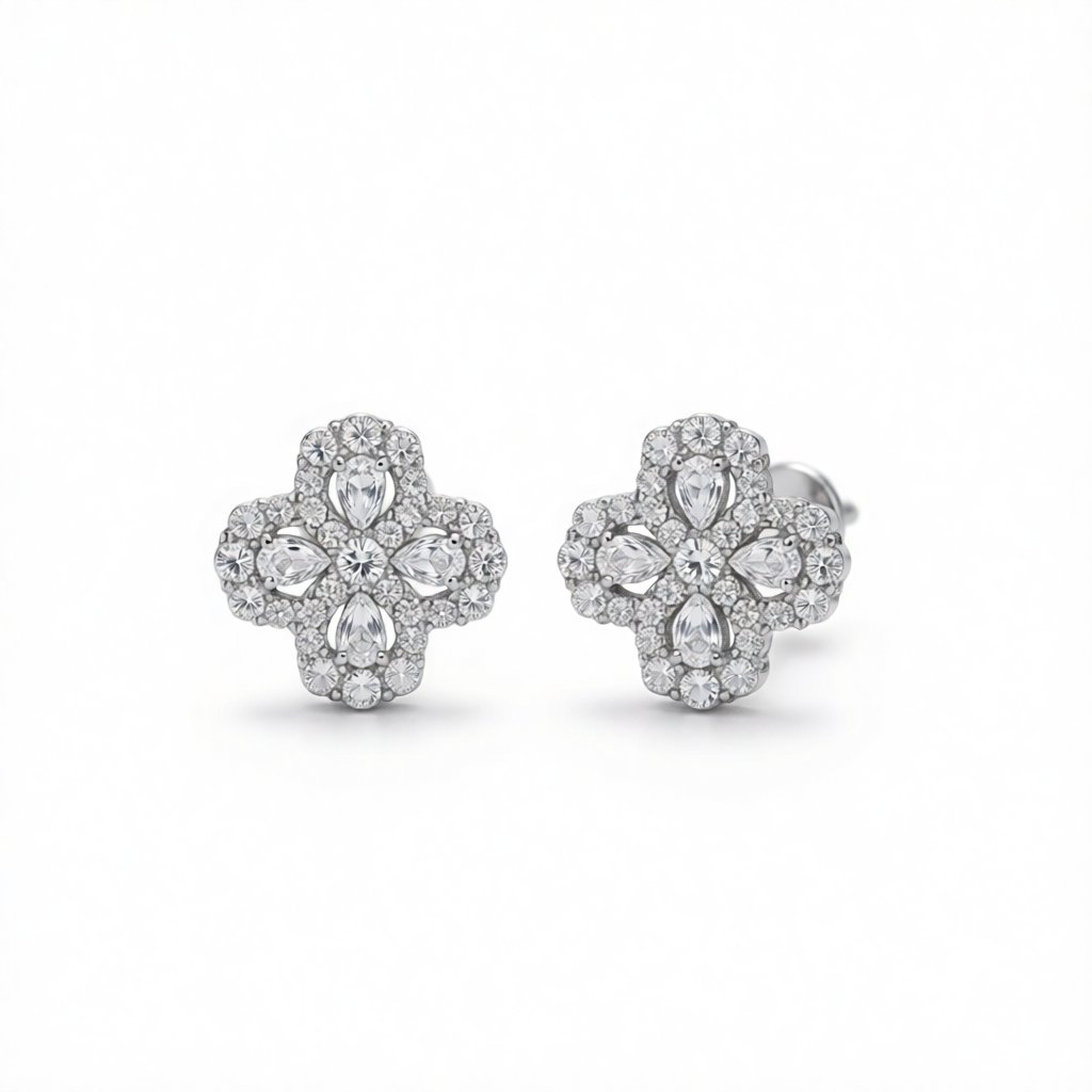 Crystal and Cubic Zirconia Silver-Plated Flower Stud Earrings, silver stud earrings for women, everyday style, side view
