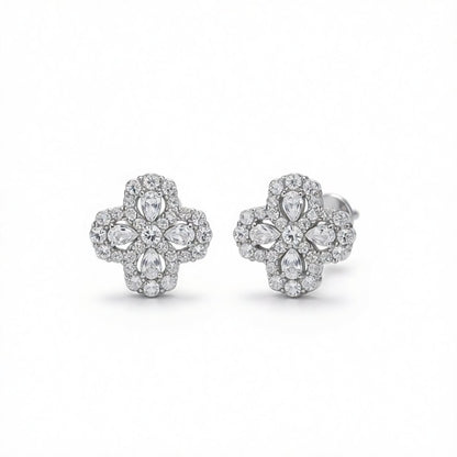 Crystal and Cubic Zirconia Silver-Plated Flower Stud Earrings, silver stud earrings for women, everyday style, side view