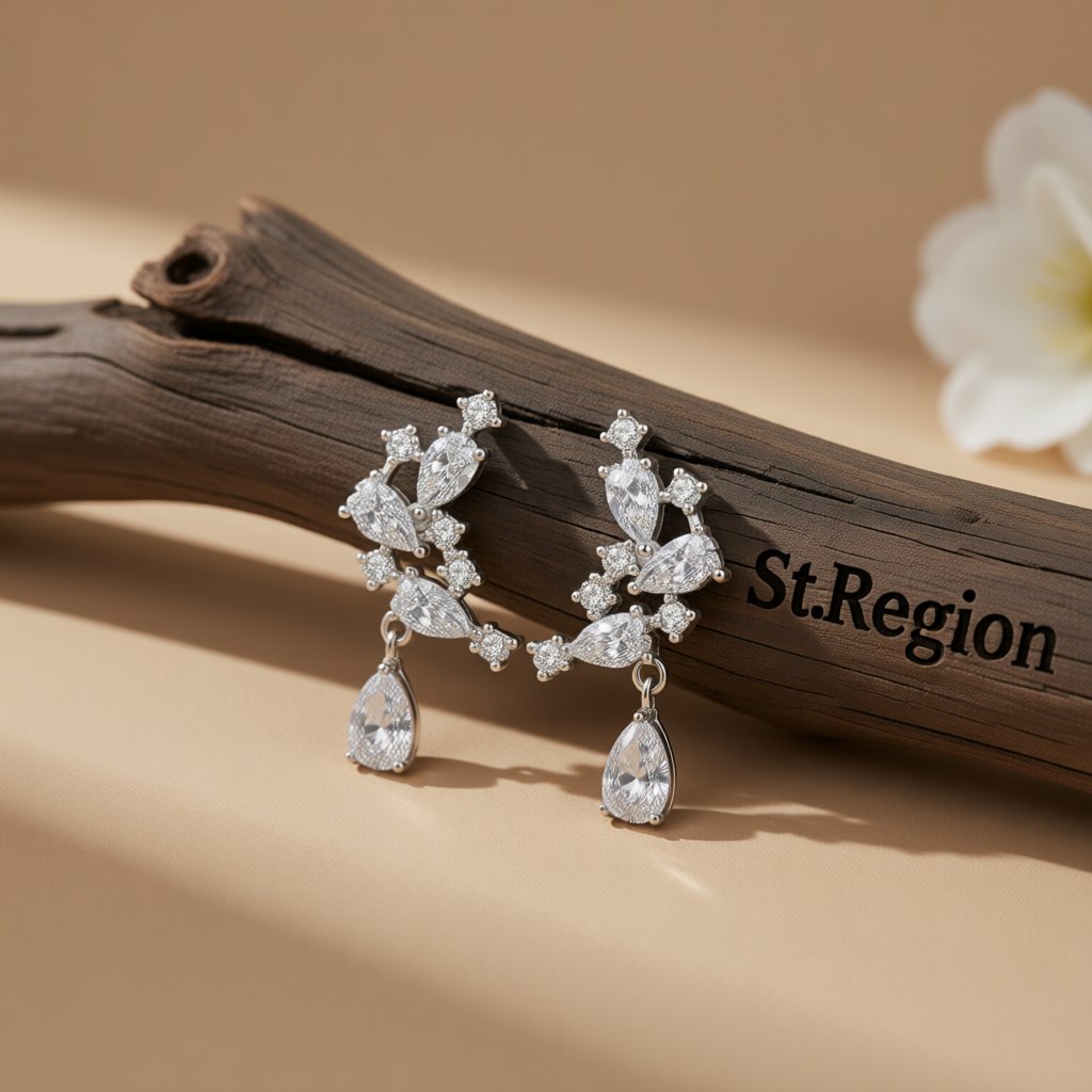 Cubic Zirconia and Crystal Pear-Cut Cluster Drop Earrings, drop earrings for women, botanical inspired, front view