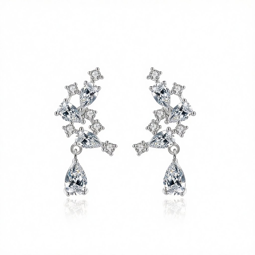 Cubic Zirconia and Crystal Pear-Cut Cluster Drop Earrings, drop earrings for women, botanical inspired, side view