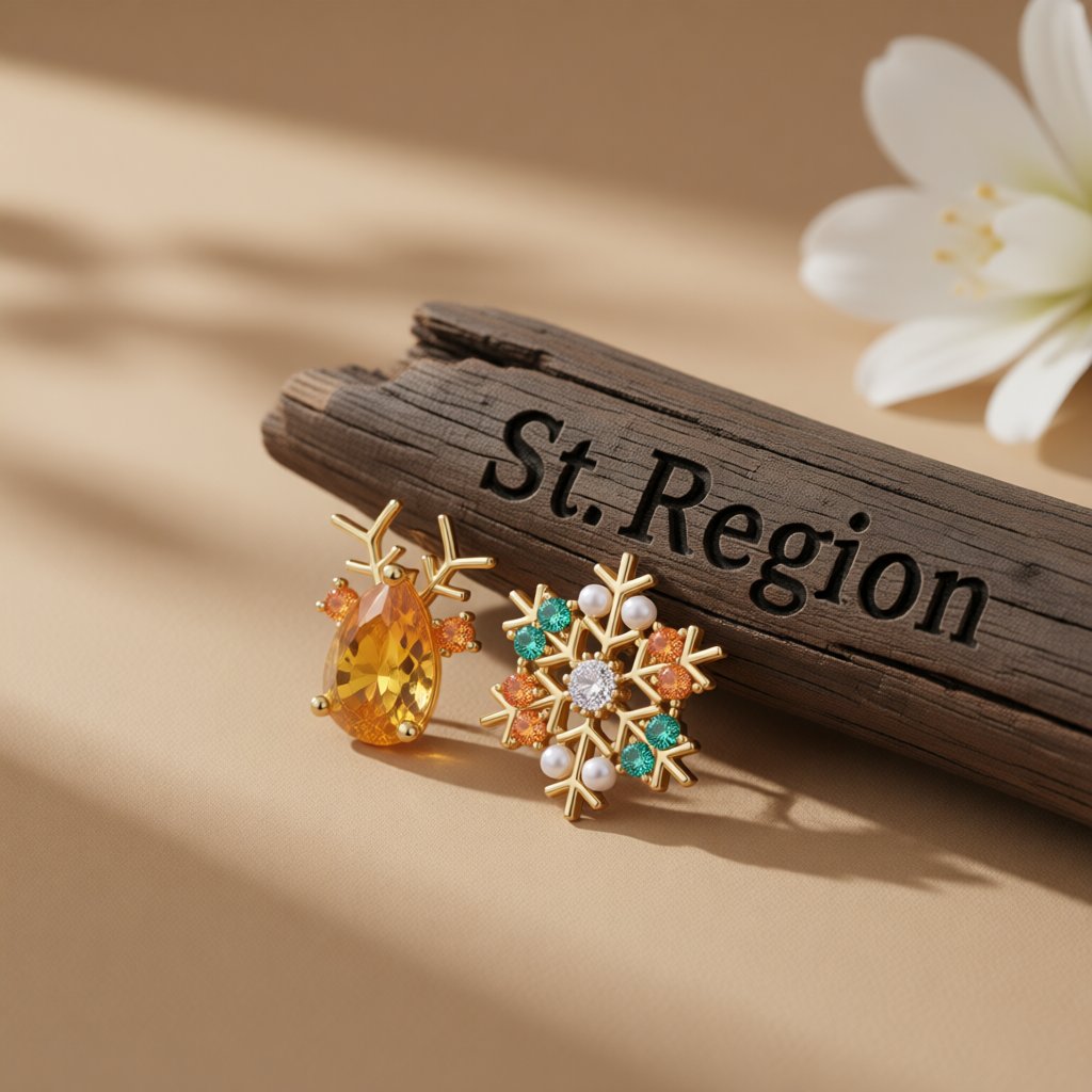 Pearl and Yellow Crystal Mismatch Antler Snowflake Stud Earrings, cubic zirconia stud earrings for women, front view