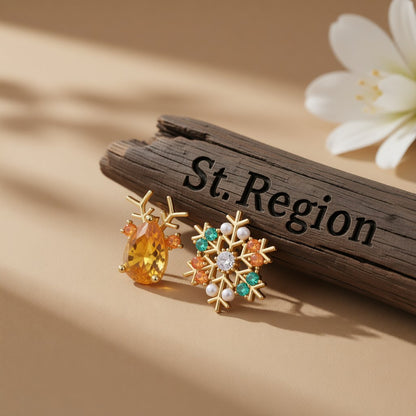 Pearl and Yellow Crystal Mismatch Antler Snowflake Stud Earrings, cubic zirconia stud earrings for women, front view
