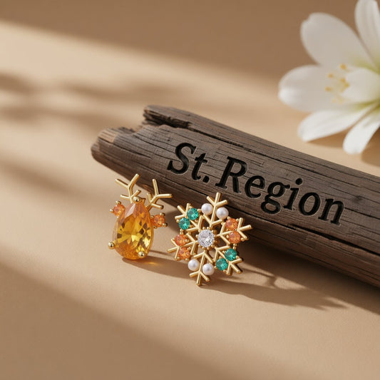 Pearl and Yellow Crystal Mismatch Antler Snowflake Stud Earrings, cubic zirconia stud earrings for women, front view