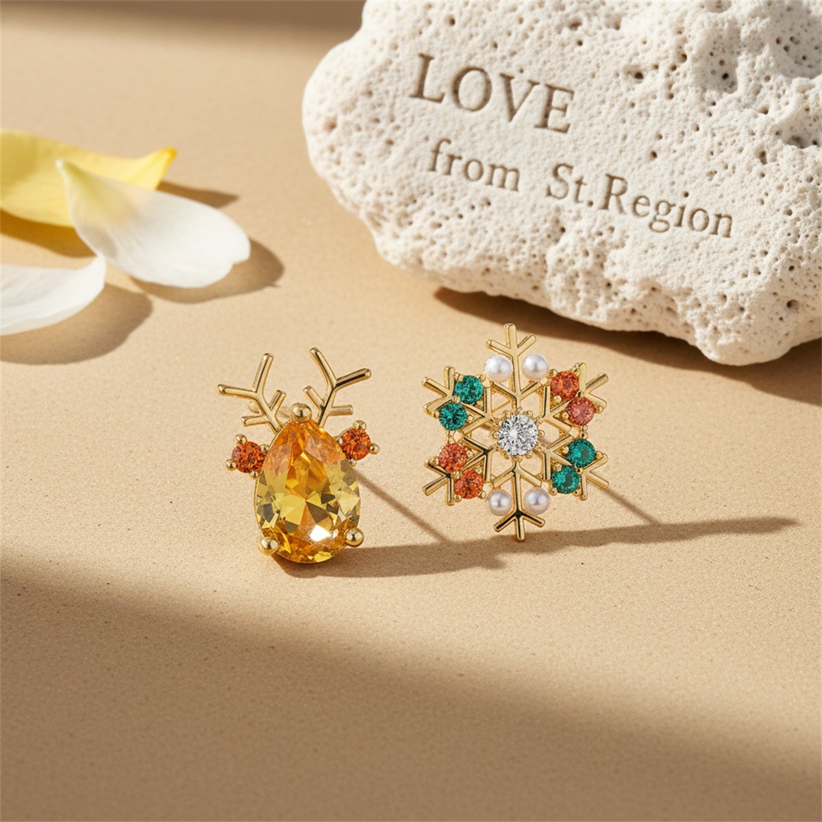 Pearl and Yellow Crystal Mismatch Antler Snowflake Stud Earrings, cubic zirconia stud earrings for women, lifestyle look