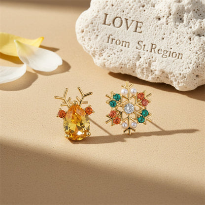 Pearl and Yellow Crystal Mismatch Antler Snowflake Stud Earrings, cubic zirconia stud earrings for women, lifestyle look