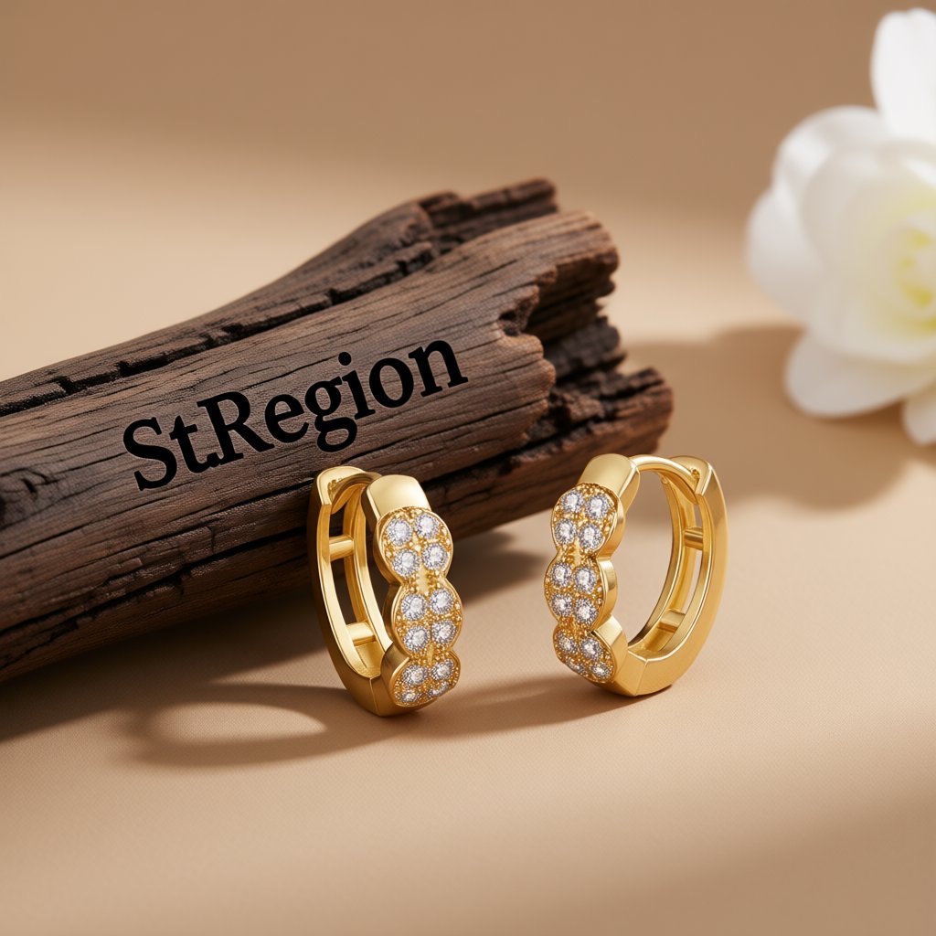 Cubic Zirconia and 18K Gold-Plated Round Huggie Earrings, gold huggie earrings, vintage-inspired design, front view