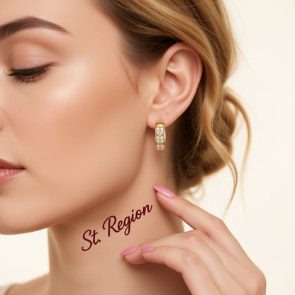 Cubic Zirconia and 18K Gold-Plated Round Huggie Earrings, gold huggie earrings, vintage-inspired design, styled look