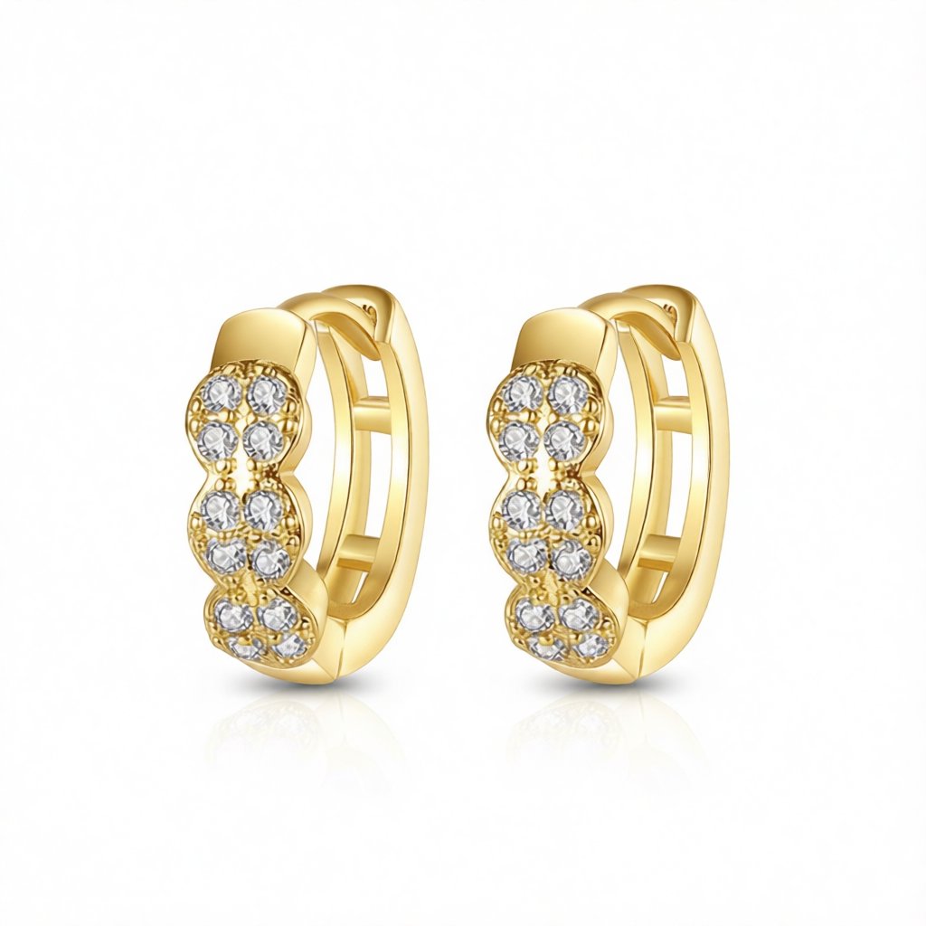 Cubic Zirconia and 18K Gold-Plated Round Huggie Earrings, gold huggie earrings, vintage-inspired design, side view