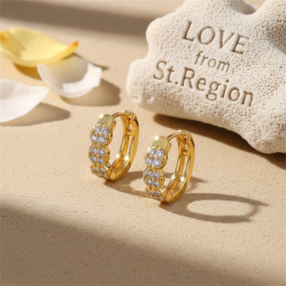 Cubic Zirconia and 18K Gold-Plated Round Huggie Earrings, gold huggie earrings, vintage-inspired design, lifestyle look