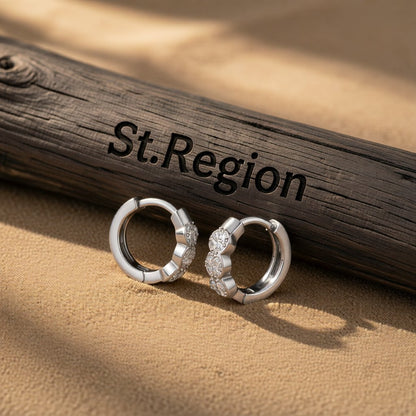 Cubic Zirconia and Silver-Plated Round Huggie Earrings, silver huggie earrings, vintage-inspired design, front view