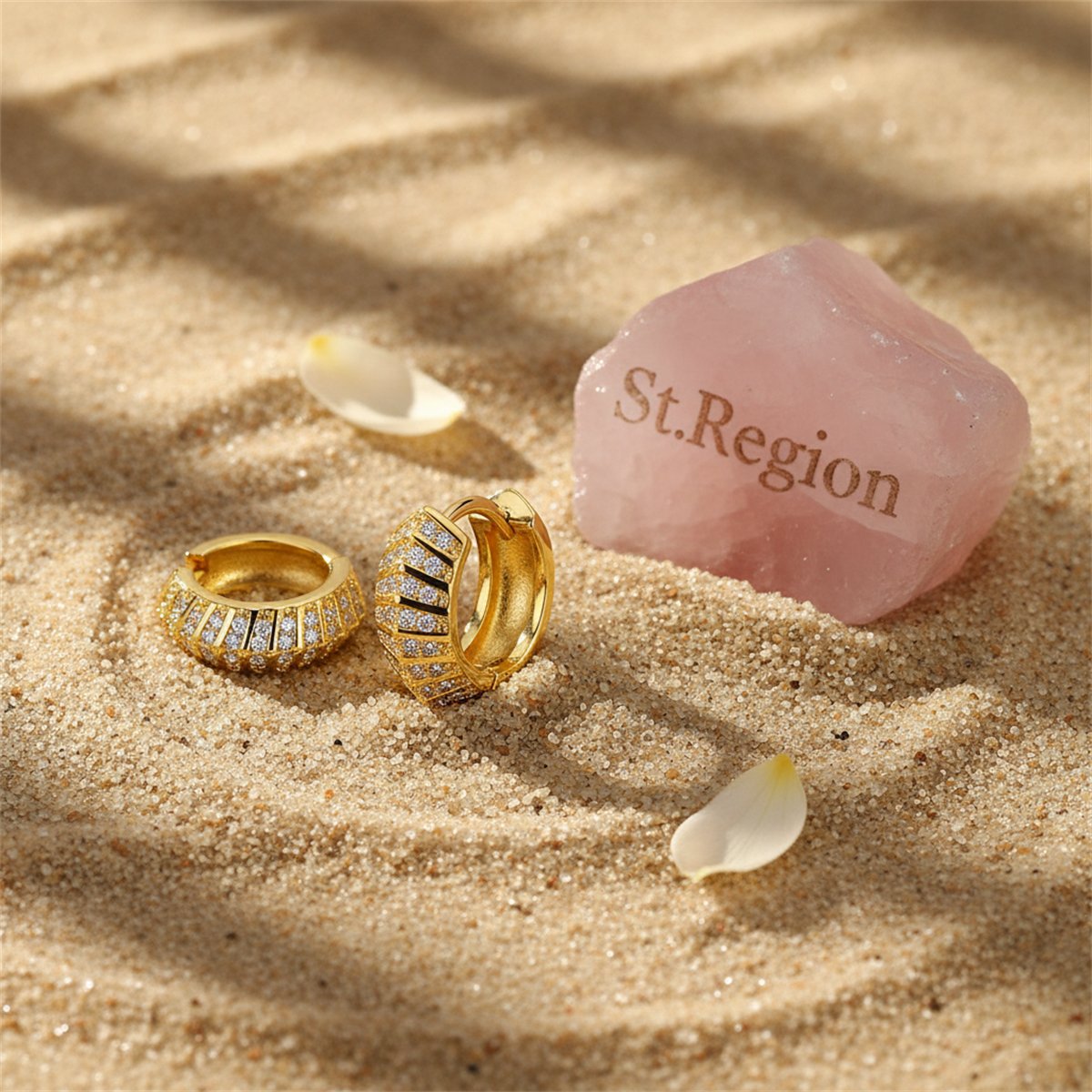 Cubic Zirconia and 18K Gold-Plated Herringbone Huggie Earrings, gold huggie earrings, everyday style, detail close-up