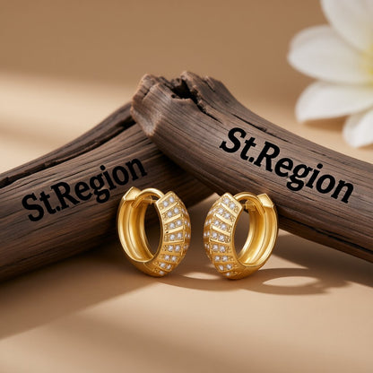 Cubic Zirconia and 18K Gold-Plated Herringbone Huggie Earrings, gold huggie earrings, everyday style, front view