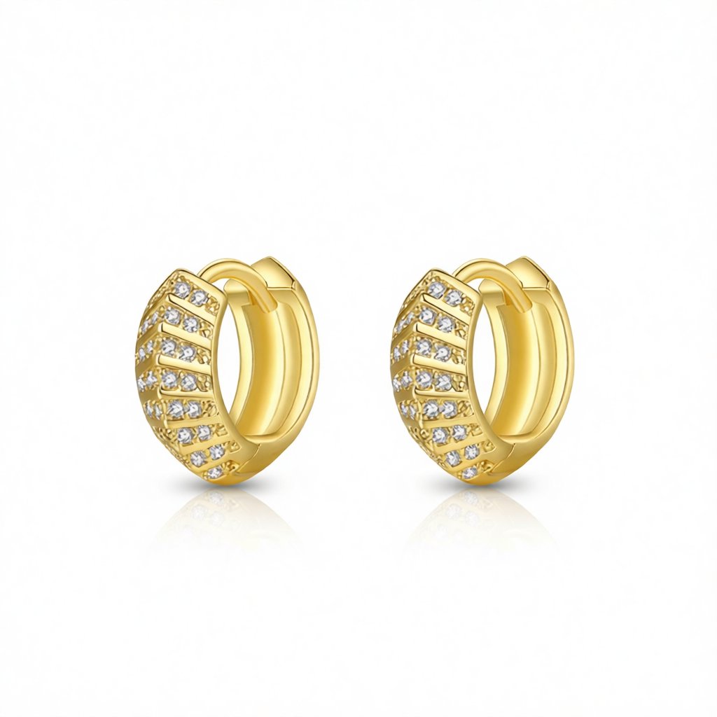 Cubic Zirconia and 18K Gold-Plated Herringbone Huggie Earrings, gold huggie earrings, everyday style, side view