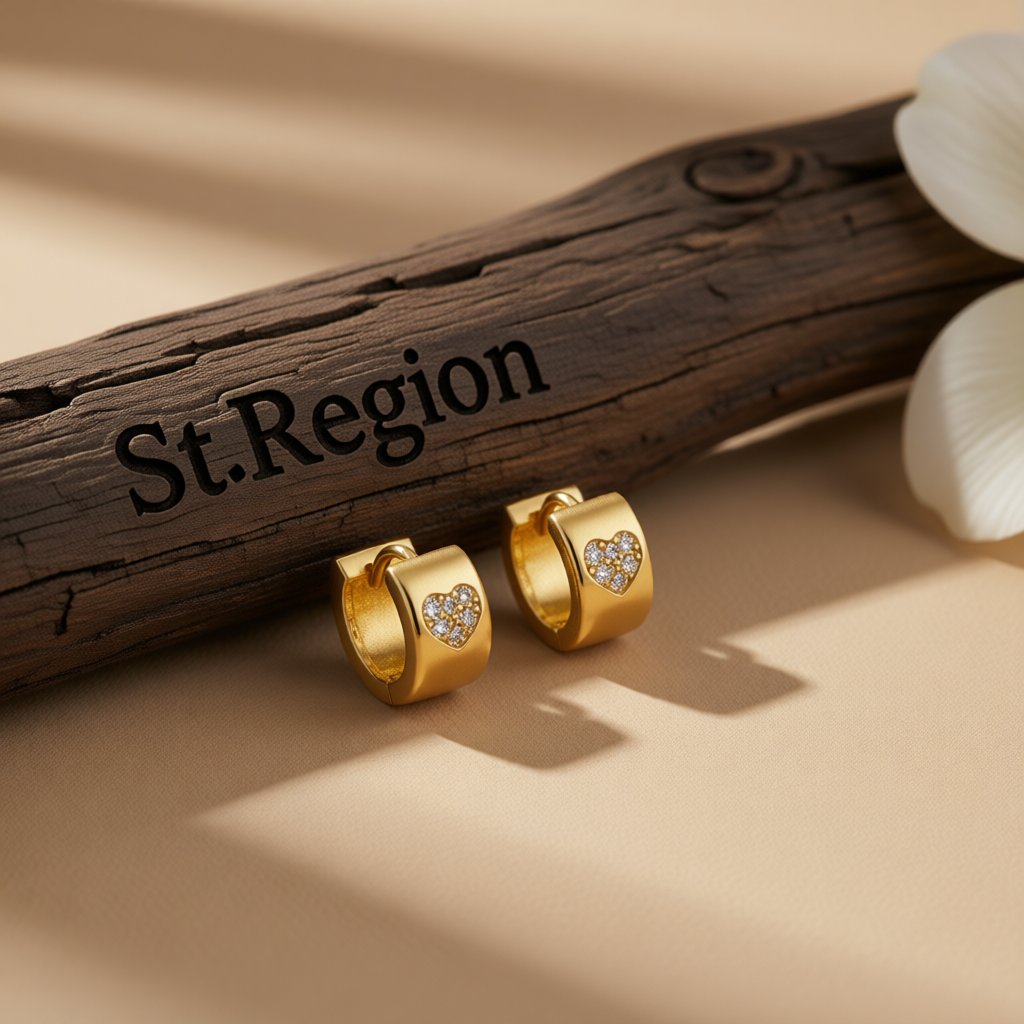 Cubic Zirconia and 18K Gold-Plated Heart Huggie Earrings, gold huggie earrings, everyday style, front view