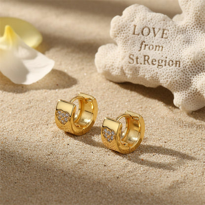 Cubic Zirconia and 18K Gold-Plated Heart Huggie Earrings, gold huggie earrings, everyday style, lifestyle look