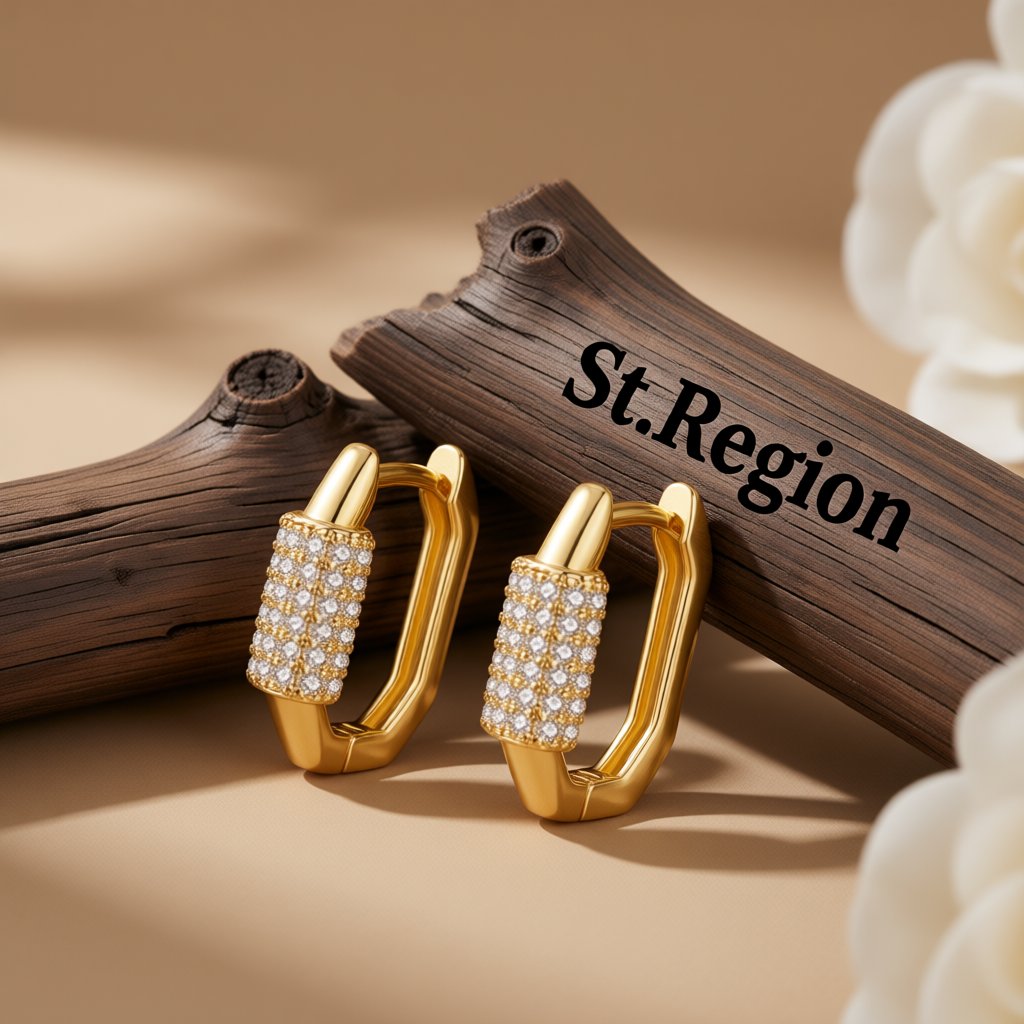 Cubic Zirconia and 18K Gold-Plated Coil Oval Huggie Earrings, gold huggie earrings, vintage-inspired design, front view