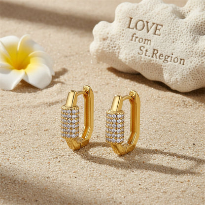 Cubic Zirconia and 18K Gold-Plated Coil Oval Huggie Earrings, gold huggie earrings, vintage-inspired design, lifestyle look