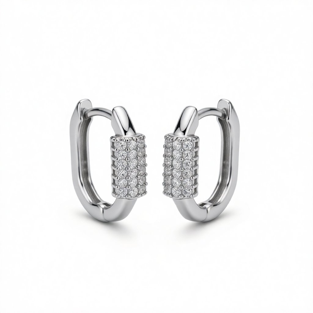 Cubic Zirconia and Silver-Plated Coil Oval Huggie Earrings, silver huggie earrings, vintage-inspired design, side view