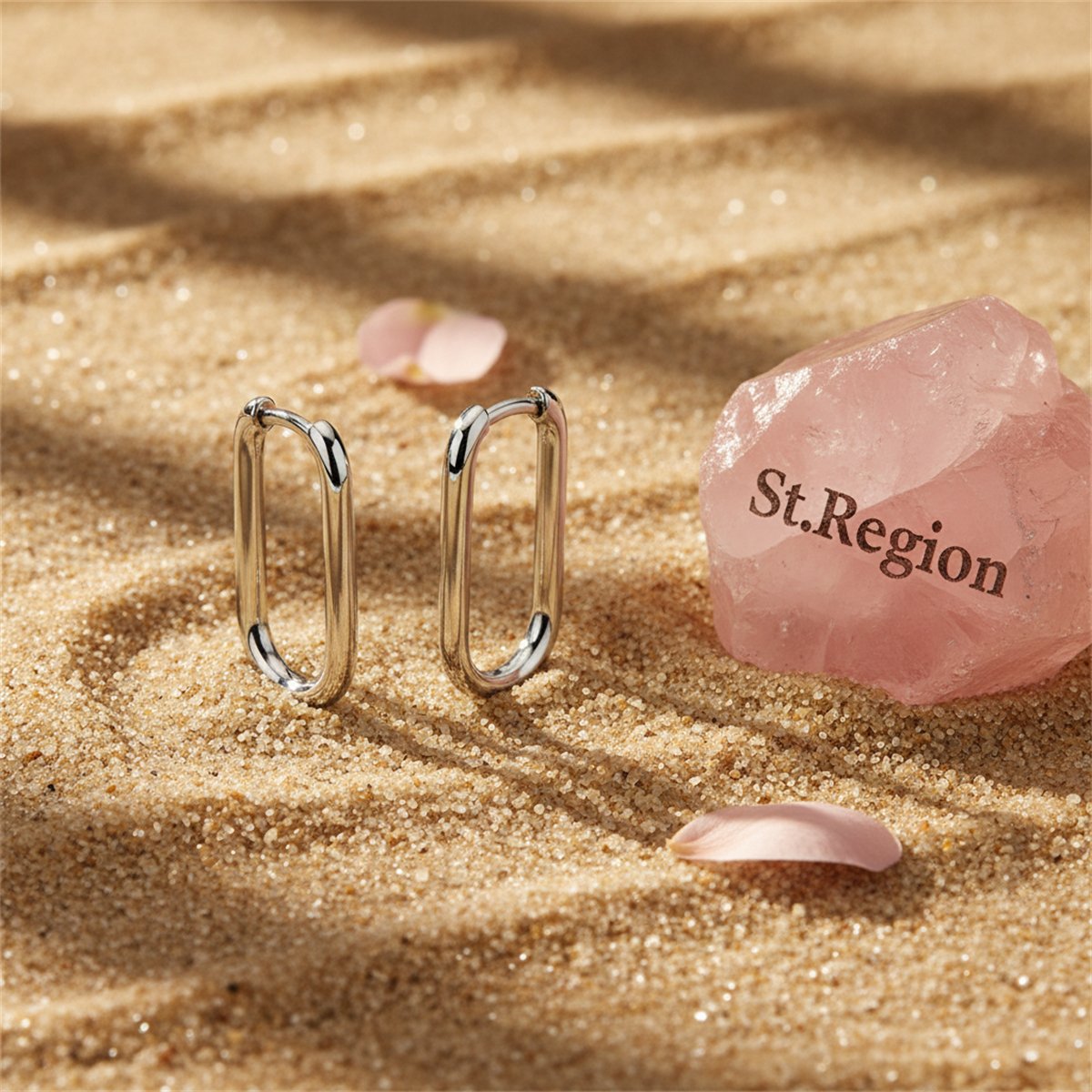 Silver-Plated Smooth Face U-Shape Huggie Earrings, silver huggie earrings, botanical inspired, detail close-up