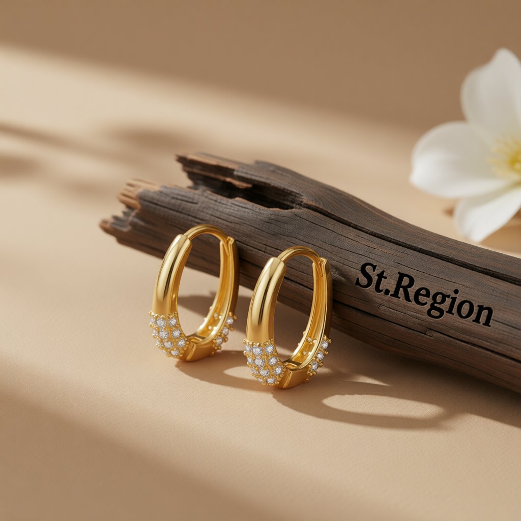Cubic Zirconia and 18K Gold-Plated Teardrop Huggie Earrings, gold huggie earrings, vintage-inspired design, front view