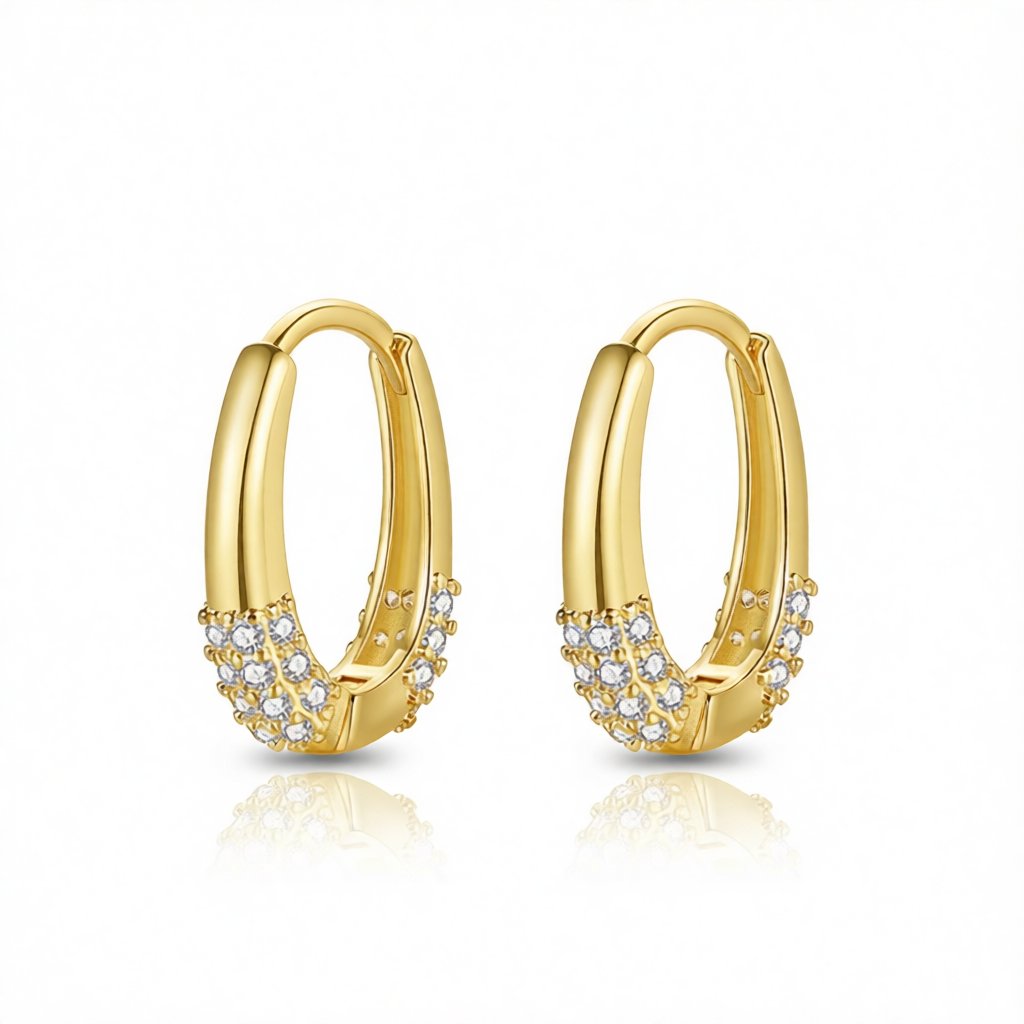 Cubic Zirconia and 18K Gold-Plated Teardrop Huggie Earrings, gold huggie earrings, vintage-inspired design, side view