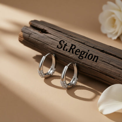 Cubic Zirconia and Silver-Plated Drop-Shape Huggie Earrings, silver huggie earrings, everyday style, front view