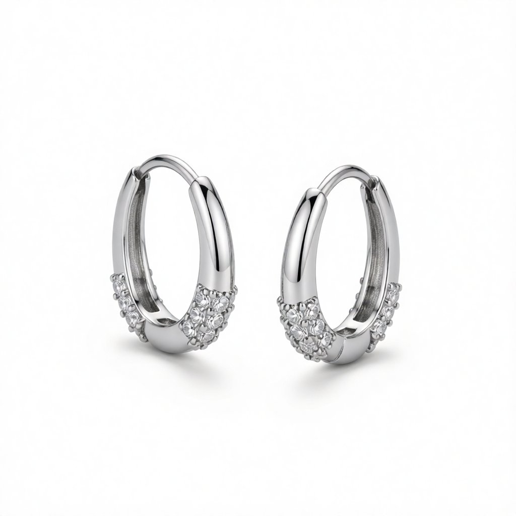 Cubic Zirconia and Silver-Plated Drop-Shape Huggie Earrings, silver huggie earrings, everyday style, side view