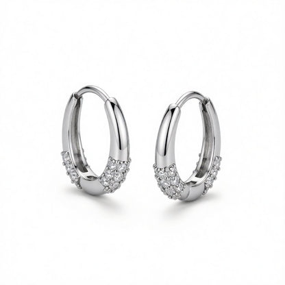 Cubic Zirconia and Silver-Plated Drop-Shape Huggie Earrings, silver huggie earrings, everyday style, side view