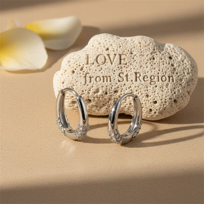 Cubic Zirconia and Silver-Plated Drop-Shape Huggie Earrings, silver huggie earrings, everyday style, lifestyle look