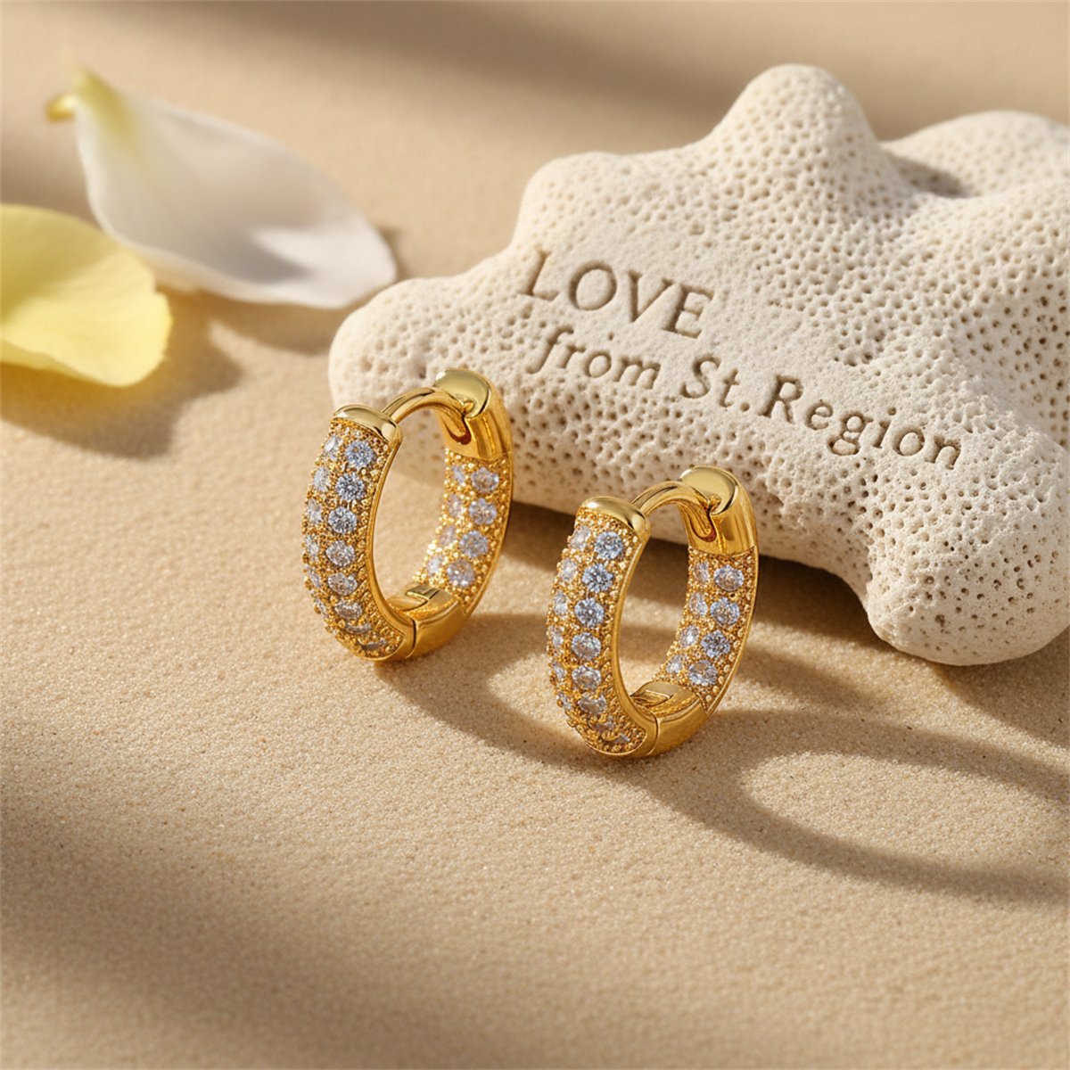 Cubic Zirconia and 18K Gold-Plated Huggie Earrings, gold huggie earrings, dainty minimalist design, lifestyle look