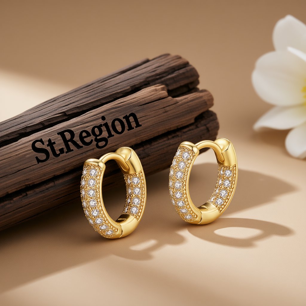 Cubic Zirconia and 18K Gold-Plated Huggie Earrings, gold huggie earrings, dainty minimalist design, front view