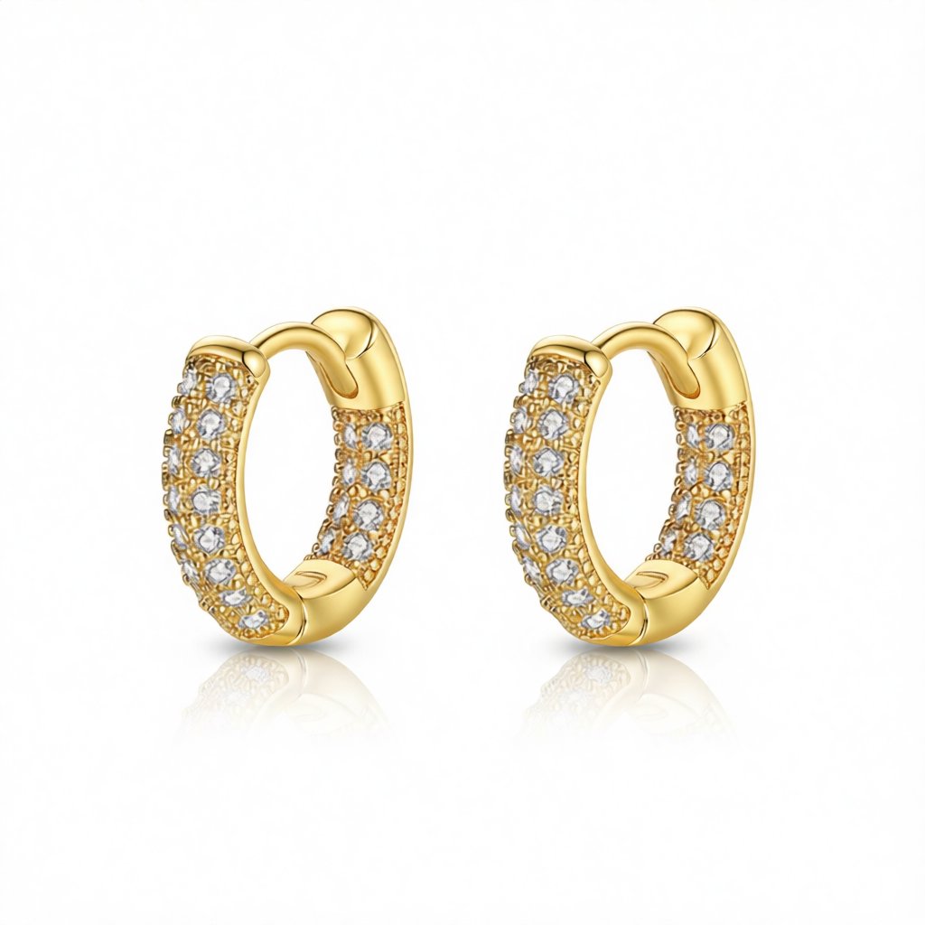 Cubic Zirconia and 18K Gold-Plated Huggie Earrings, gold huggie earrings, dainty minimalist design, side view