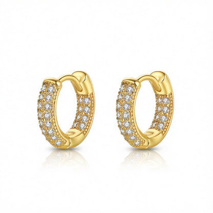 Cubic Zirconia and 18K Gold-Plated Huggie Earrings, gold huggie earrings, dainty minimalist design, side view