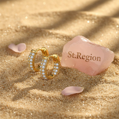 Cubic Zirconia and 18K Gold-Plated Huggie Earrings, gold huggie earrings, dainty minimalist design, detail close-up