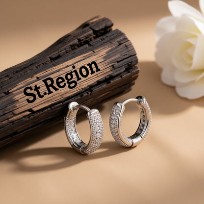 Cubic Zirconia and Silver-Plated Huggie Earrings, silver huggie earrings, botanical inspired, front view