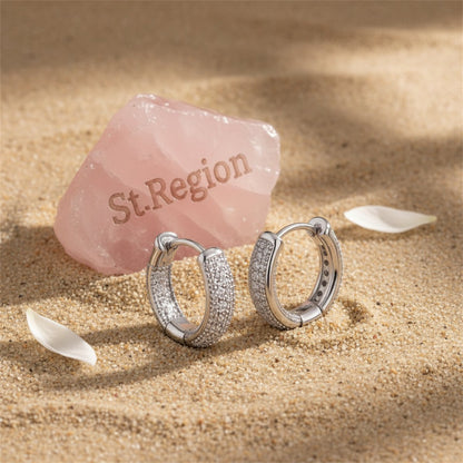 Cubic Zirconia and Silver-Plated Huggie Earrings, silver huggie earrings, botanical inspired, detail close-up