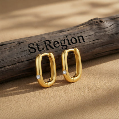 Cubic Zirconia and 18K Gold-Plated Square Huggie Earrings, gold huggie earrings, vintage-inspired design, front view