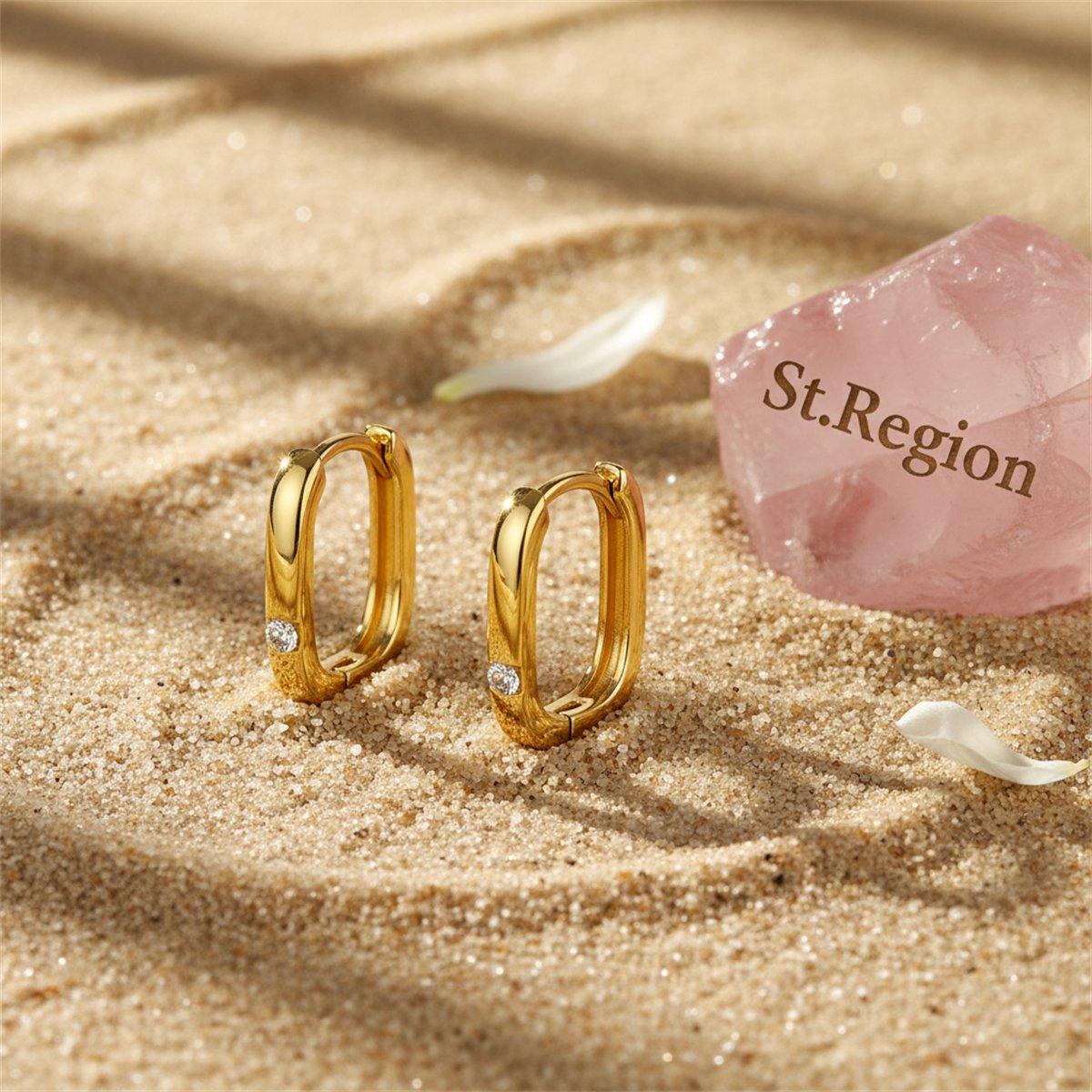 Cubic Zirconia and 18K Gold-Plated Square Huggie Earrings, gold huggie earrings, vintage-inspired design, detail close-up
