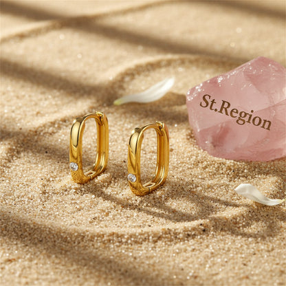 Cubic Zirconia and 18K Gold-Plated Square Huggie Earrings, gold huggie earrings, vintage-inspired design, detail close-up